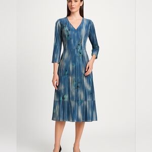 Mini Pleats Chic Striped Blue and Green Long Sleeve Dress